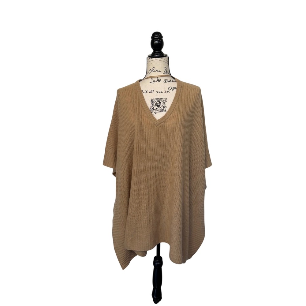 Halogen Camel Cashmere Ribbed Knit Poncho, One Size